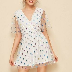 Polkadot Print Mesh Overlay Dress